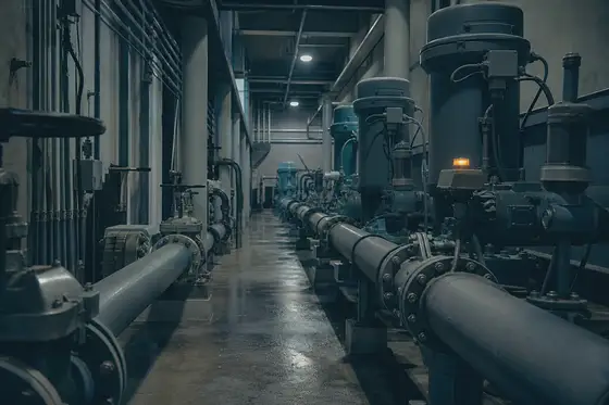 The interior of an industrial pump room, process pipework and actuated valves running away down the length of the building.