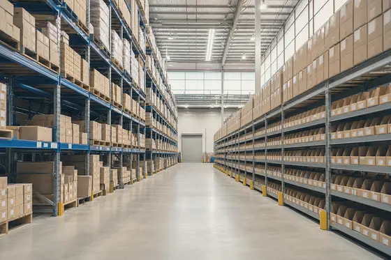 A wide aisle in a parts distribution warehouse, racking on both sides stacked with cartons and small-parts bins under high daylight.